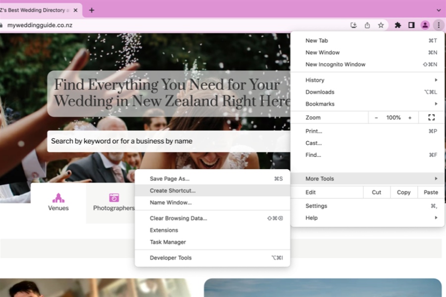 Installing the My Wedding Guide app on Desktop Computers using Chrome Browser
Create Shortcut Menu Selection